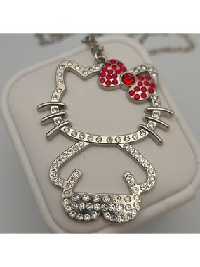 Hello Kitty Red Bow Crystal Pendant Silver Chain Crystal Rhinestone Cute